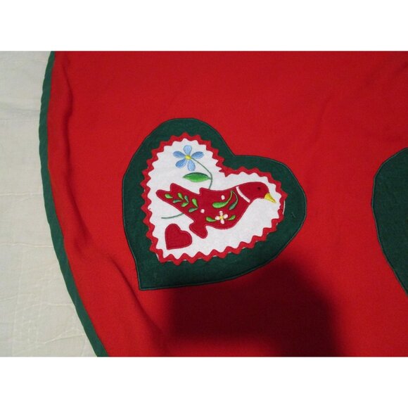 Vintage Holiday Tree Skirt With Heart Birds Reindeer Embroidery Poly Blend GUC - Picture 3 of 16